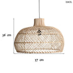 Modern, rácsos szerkezetű rattan függőlámpa natúr kivitelben, méretekkel