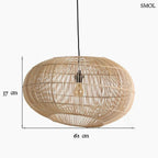 Kézzel szőtt aszimmetrikus, modern rattan függőlámpa, meleg árnyékjátékkal és textil kábellel,  méretekkel