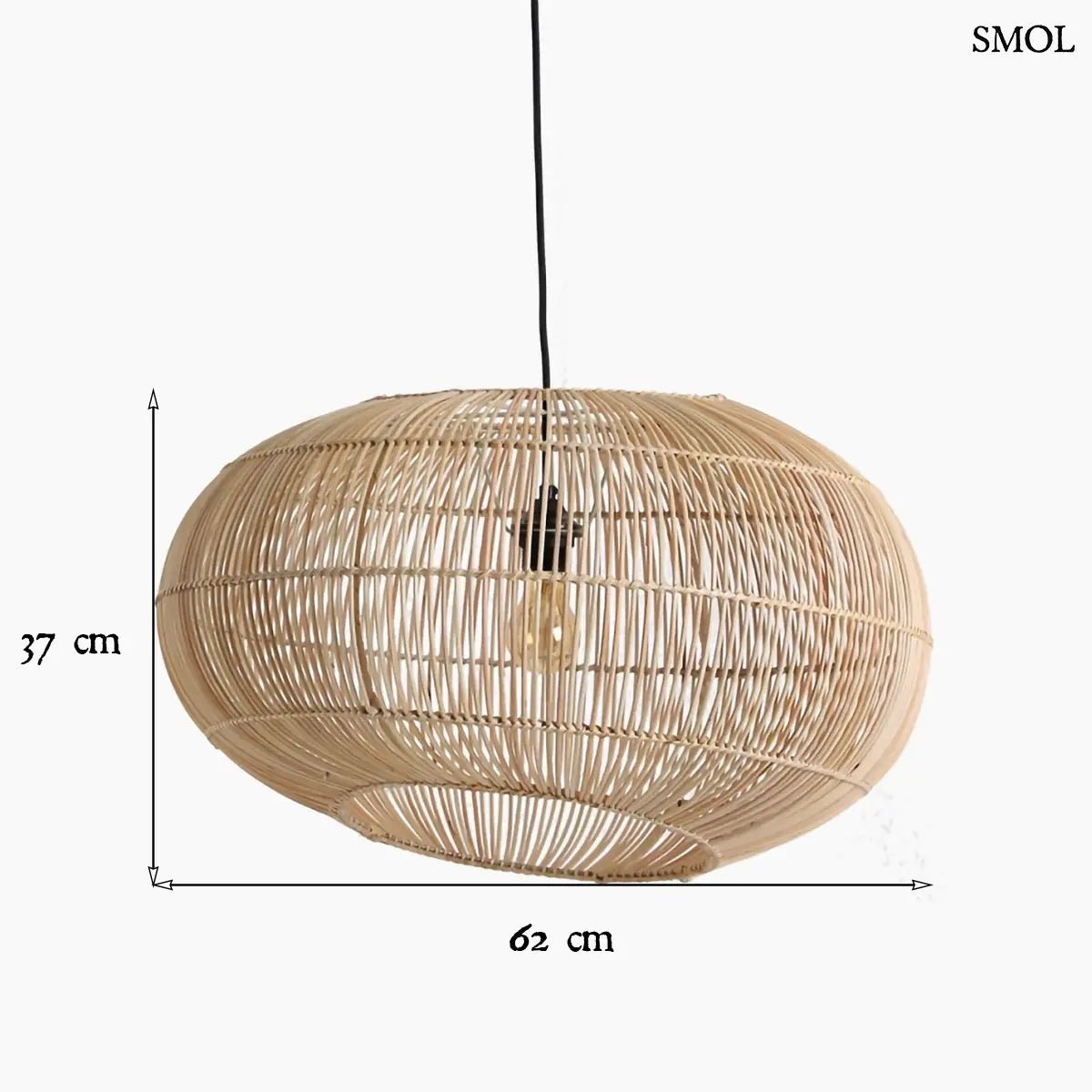 Kézzel szőtt aszimmetrikus, modern rattan függőlámpa, meleg árnyékjátékkal és textil kábellel,  méretekkel