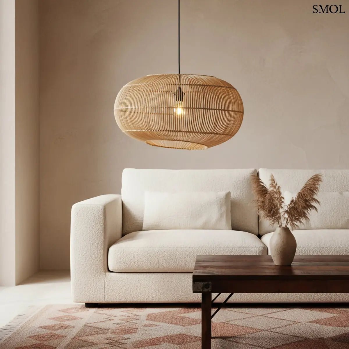 Kézzel szőtt aszimmetrikus, modern rattan függőlámpa, meleg árnyékjátékkal és textil kábellel, nappaliban