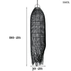 Hosszúkás, kézzel font fekete rattan függőlámpaernyő, méretekkel