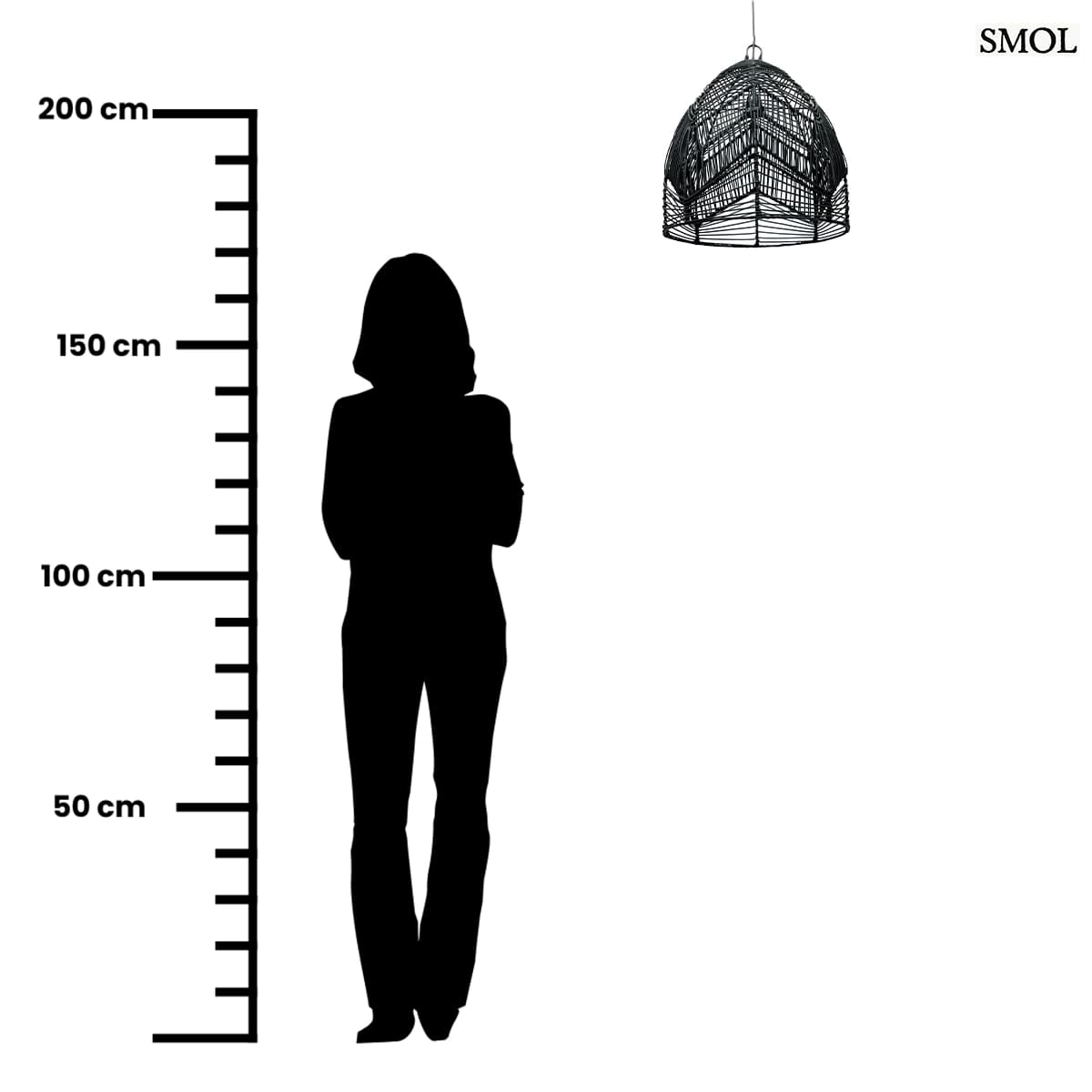 Fekete színű, harang alakú Bala rattan függőlámpaernyő sűrű fonással, méretarányosan
