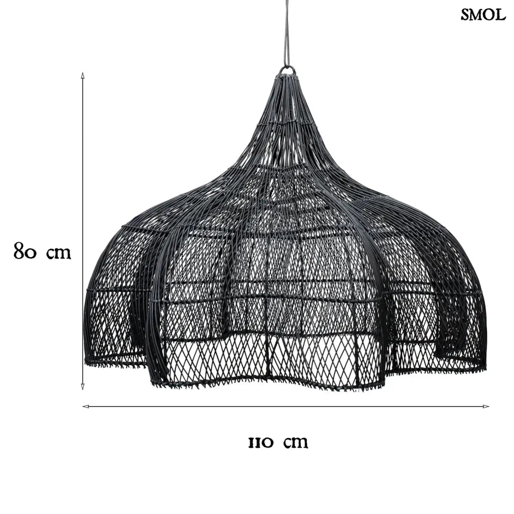 Rattan függőlámpaernyő Whipped, fekete, XL méret (110 cm), áramló, organikus forma méretekkel