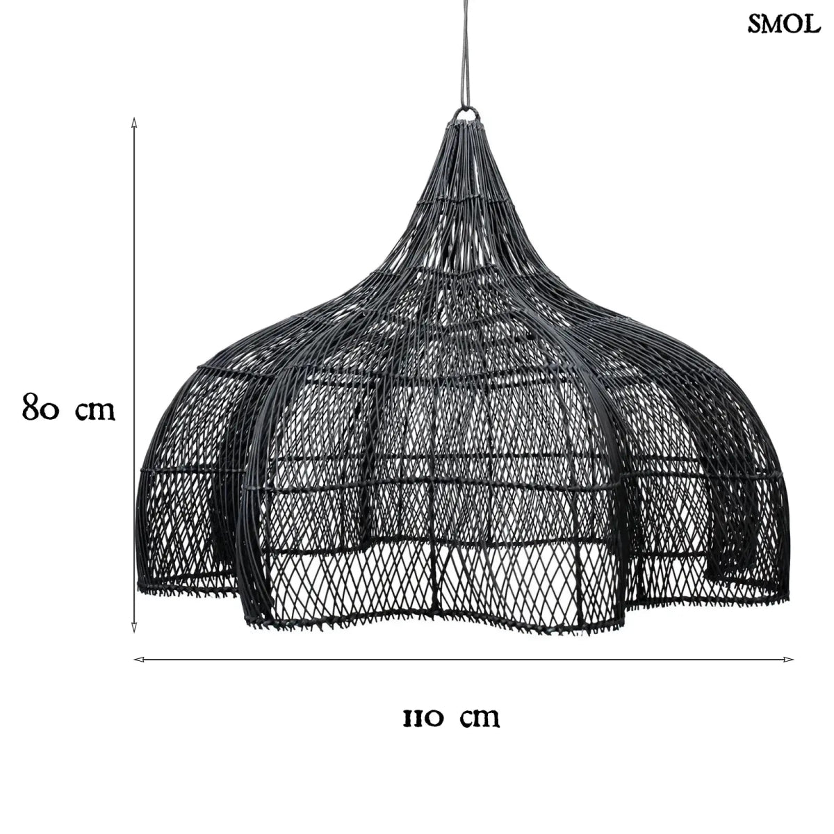 Rattan függőlámpaernyő Whipped, fekete, XL méret (110 cm), áramló, organikus forma méretekkel