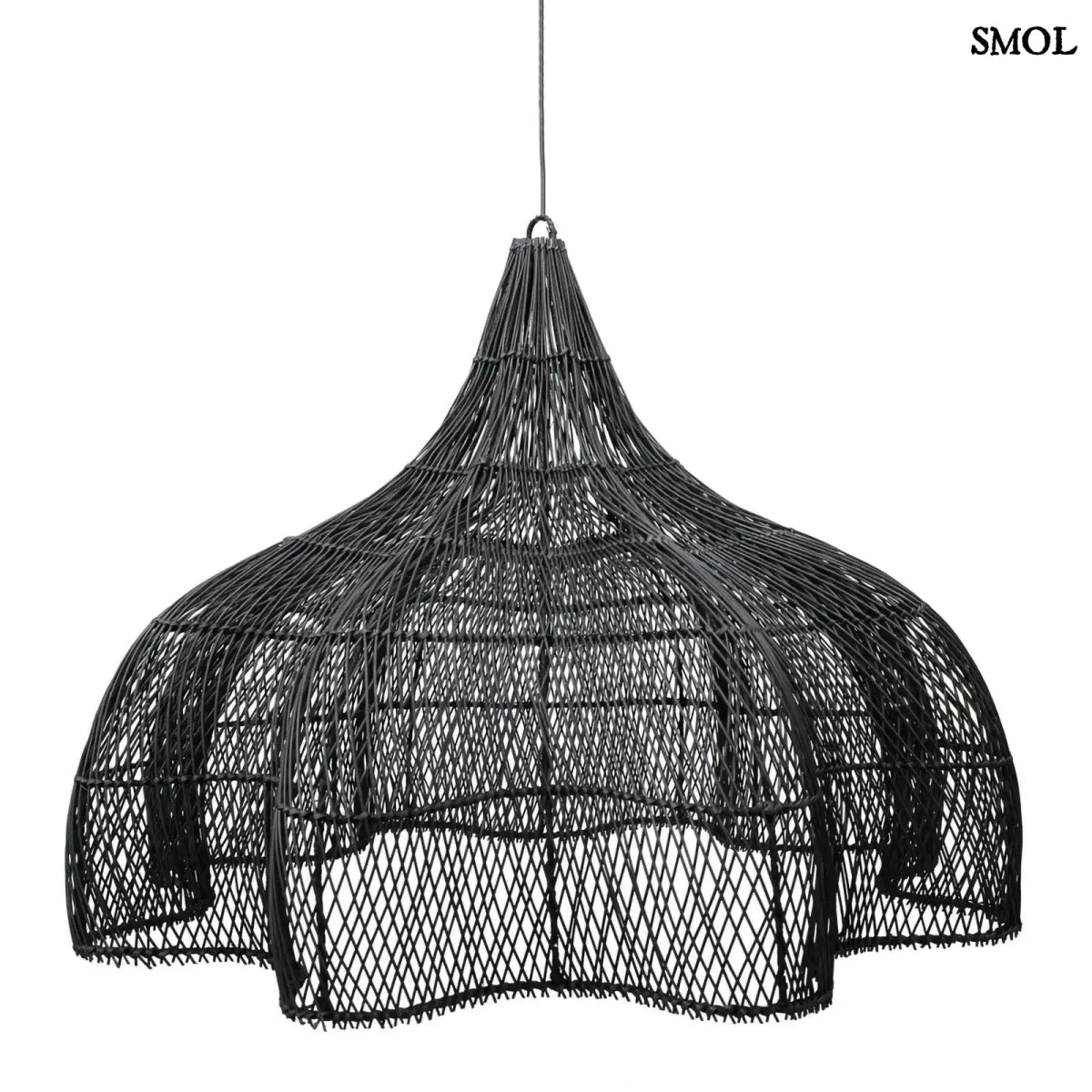 Rattan függőlámpaernyő Whipped, fekete, XL méret (110 cm), áramló, organikus forma oldalról