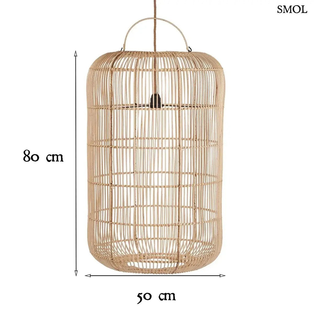Hosszúkás, henger alakú natúr rattan függőlámpaernyő sűrű fonással és felső fogantyúval, méretekkel