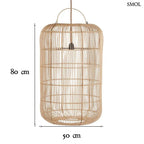Hosszúkás, henger alakú natúr rattan függőlámpaernyő sűrű fonással és felső fogantyúval, méretekkel