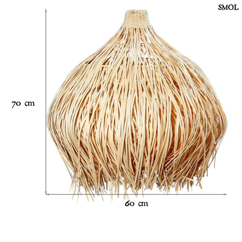 Nagyméretű, natúr rattan függőlámpaernyő kézzel szőtt organikus formában, méretekkel
