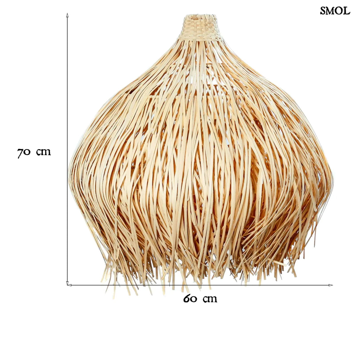 Nagyméretű, natúr rattan függőlámpaernyő kézzel szőtt organikus formában, méretekkel