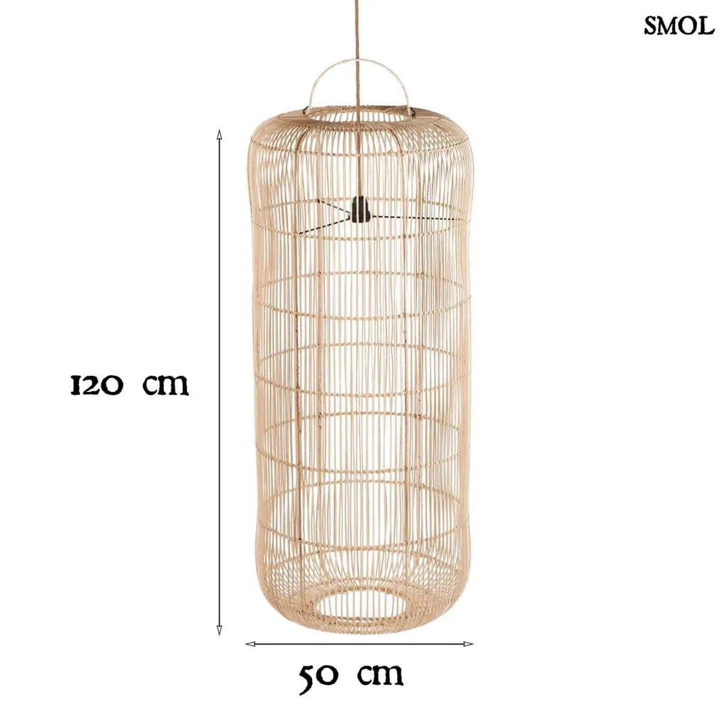 rattan függőlámpaernyő természetes rattanból, henger alakú kialakítással méretekkel