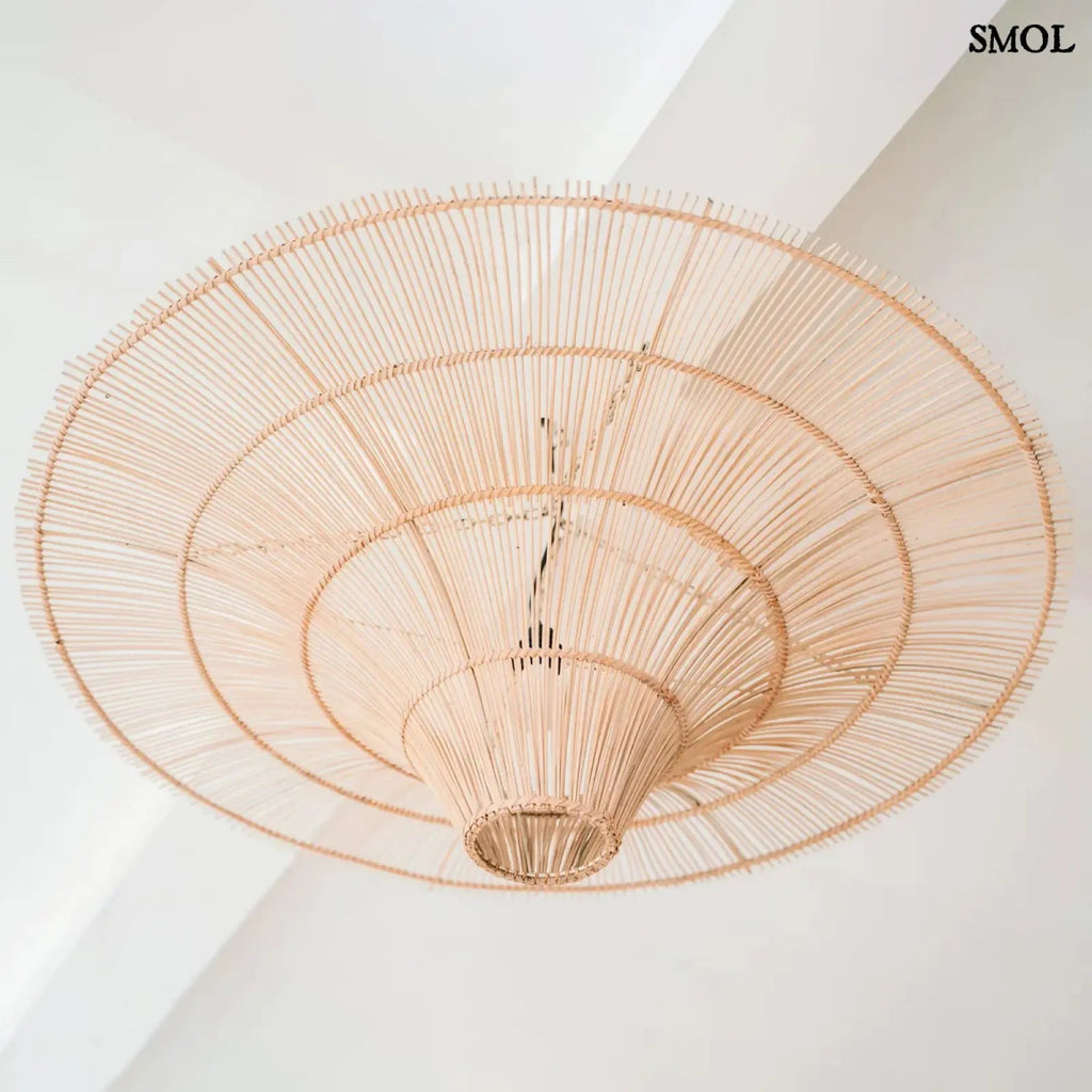 Rattan függőlámpaernyő The Sky, XL méret, natúr, óriás kupola forma mennyezeten, alulról