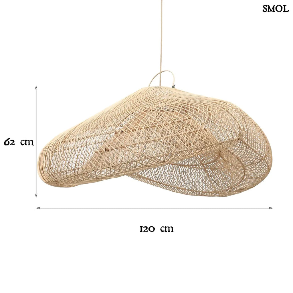 Natúr színű, XXL méretű rattan függőlámpaernyő, méretekkel