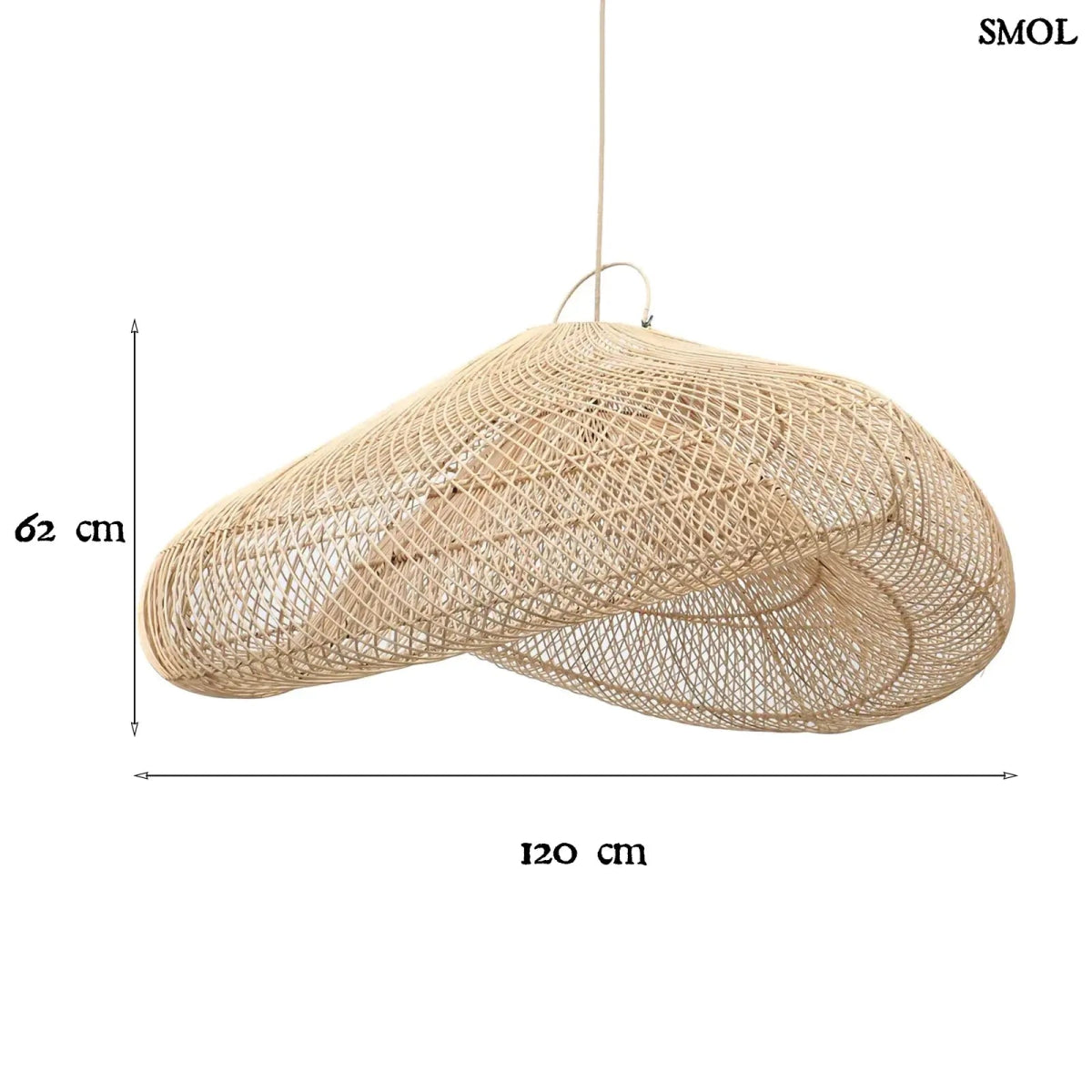 Natúr színű, XXL méretű rattan függőlámpaernyő, méretekkel