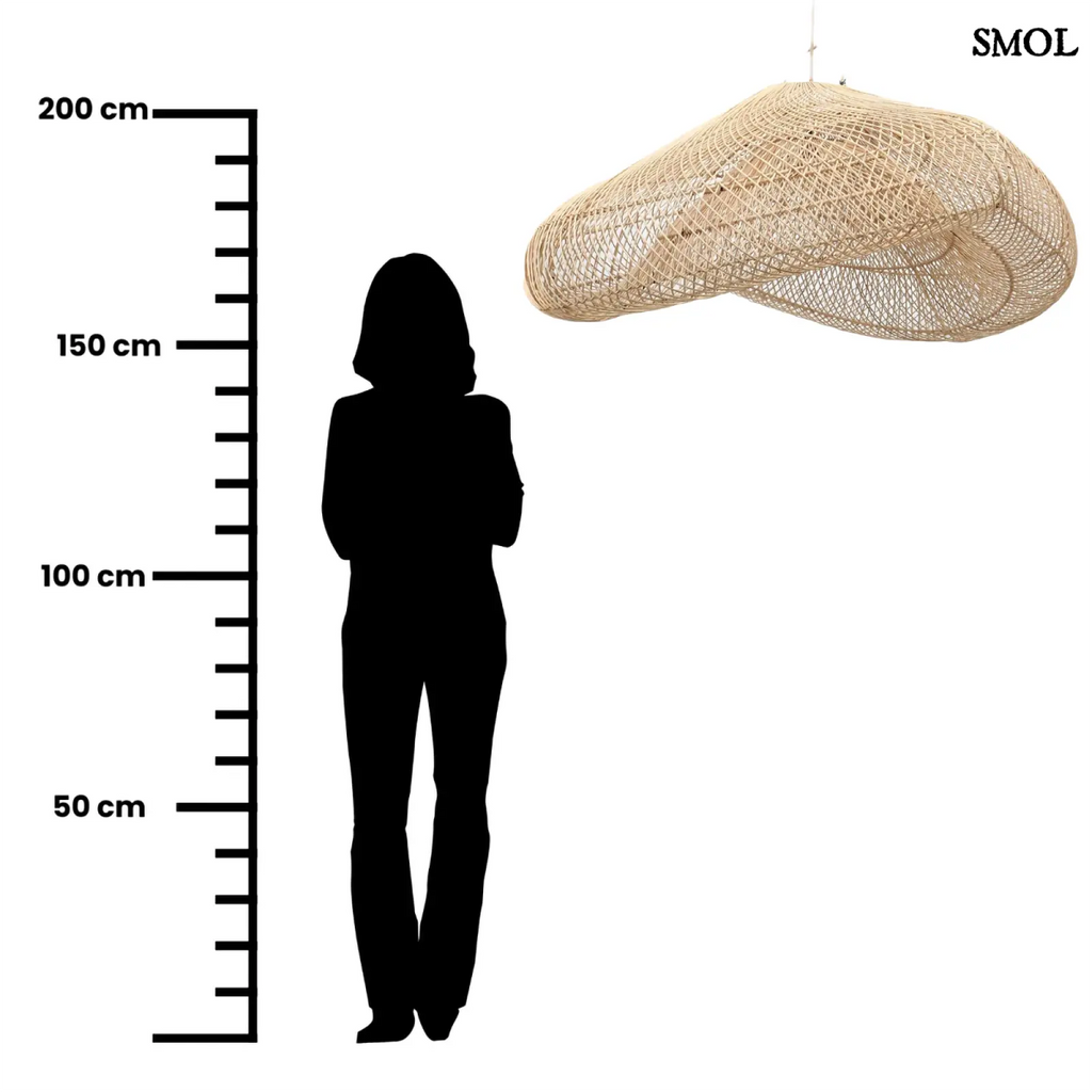 Natúr színű, XXL méretű rattan függőlámpaernyő, méretarányosan