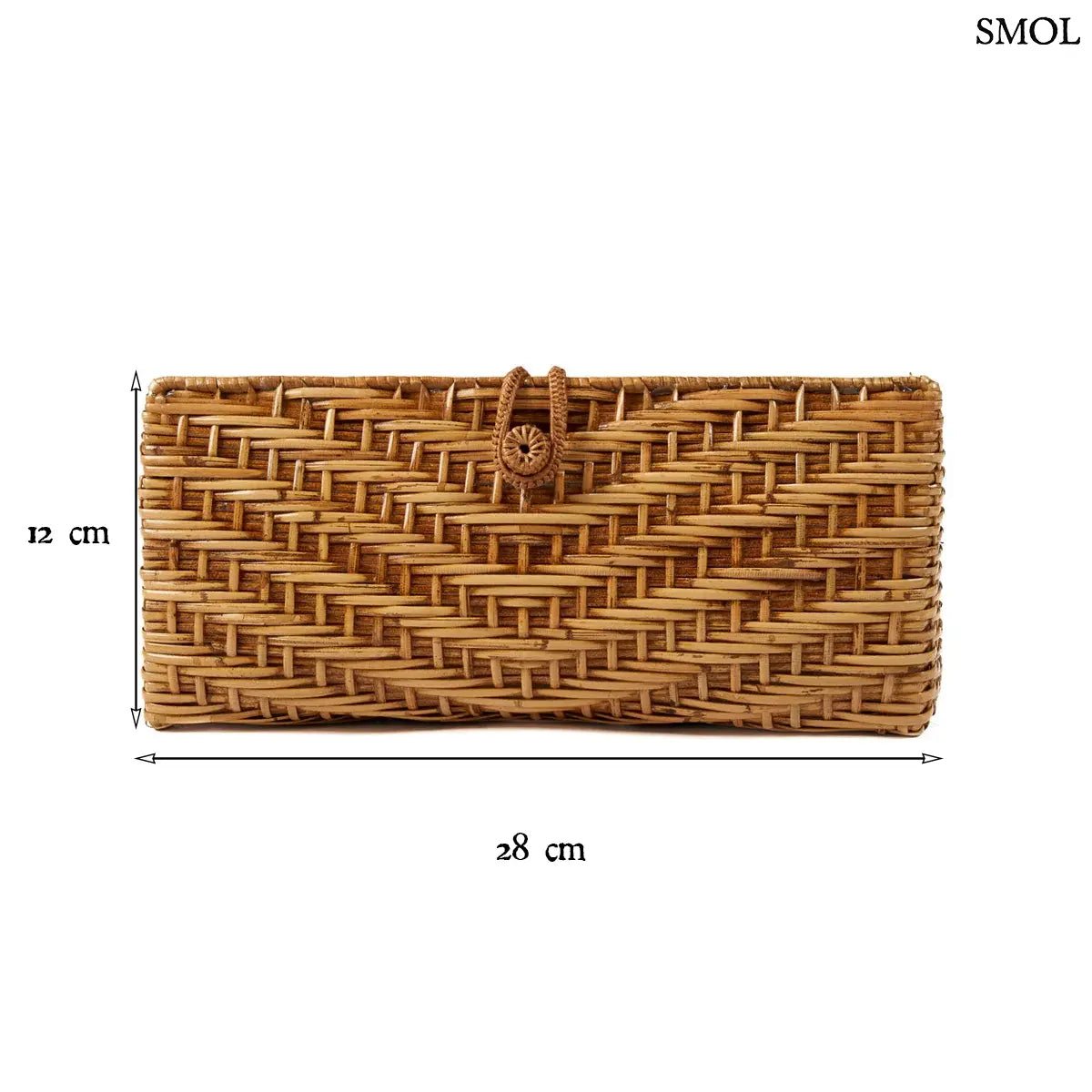 Natúr barna rattan kézitáska kézzel fonott textúrával és gombos záródással, méretekkel