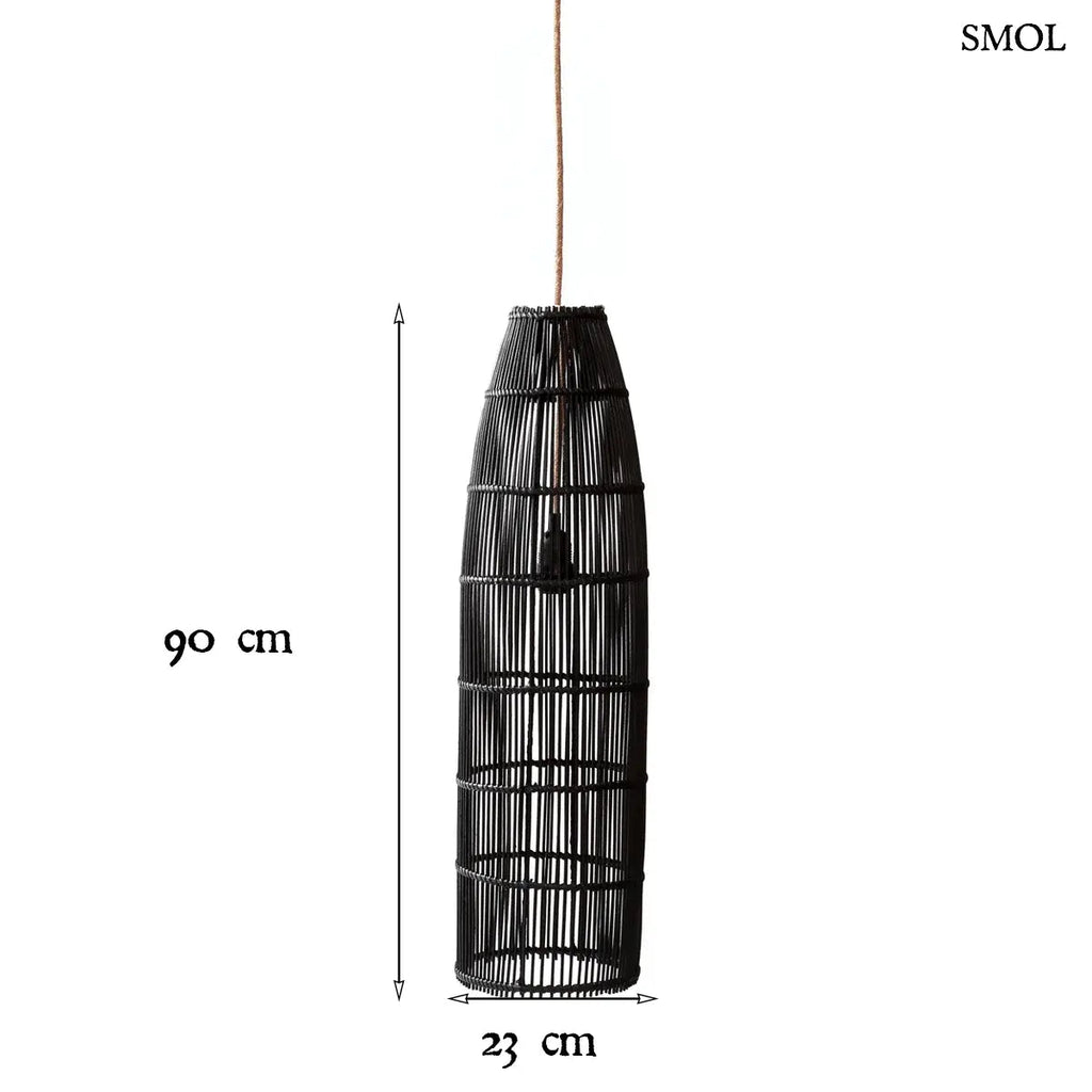 Kézzel szőtt, fekete rattan lámpaernyő Fish Trap stílusban, függőleges fonással, 90 cm-es kivitelben, méretekkel