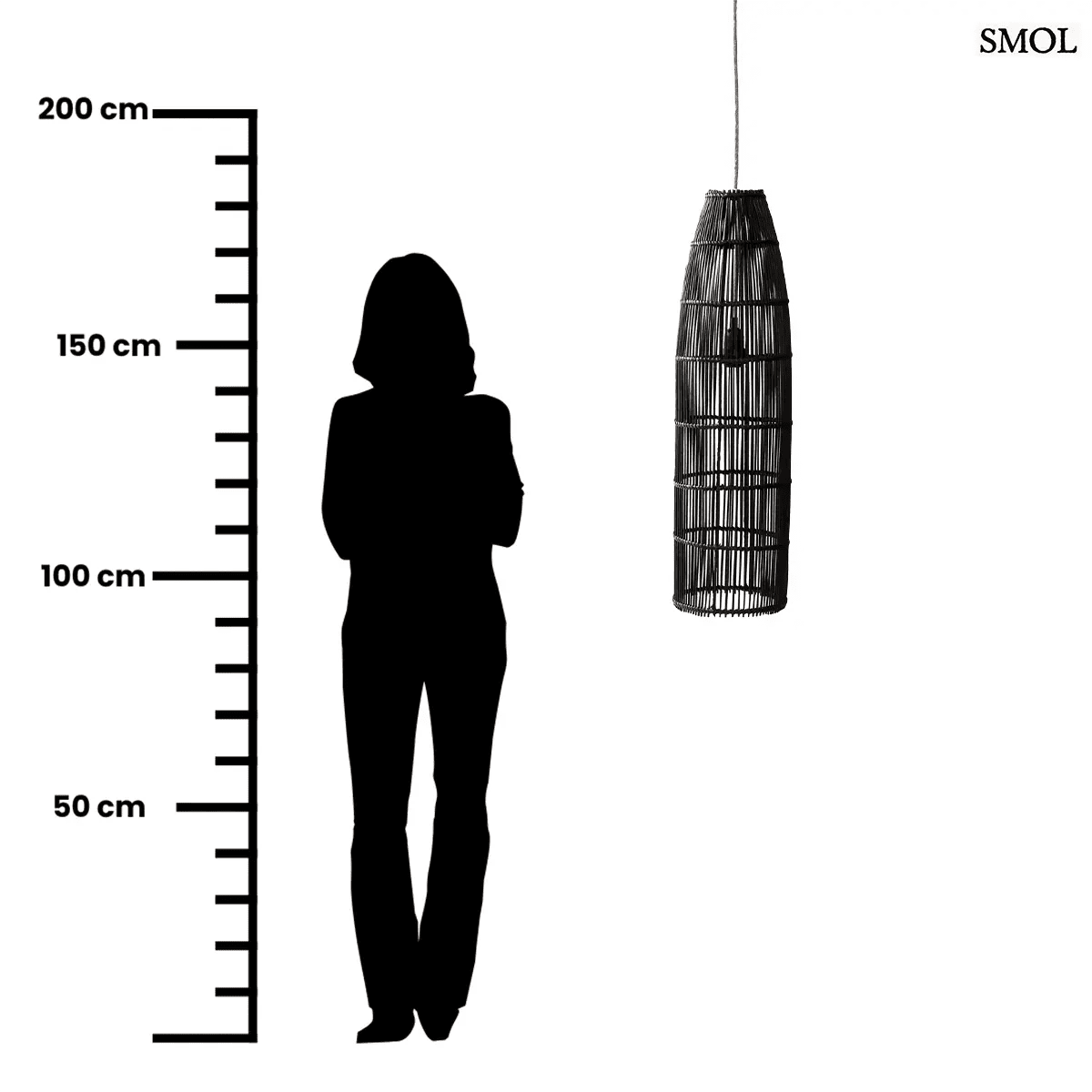 Kézzel szőtt, fekete rattan lámpaernyő Fish Trap stílusban, függőleges fonással, 90 cm-es kivitelben, méretarányosan