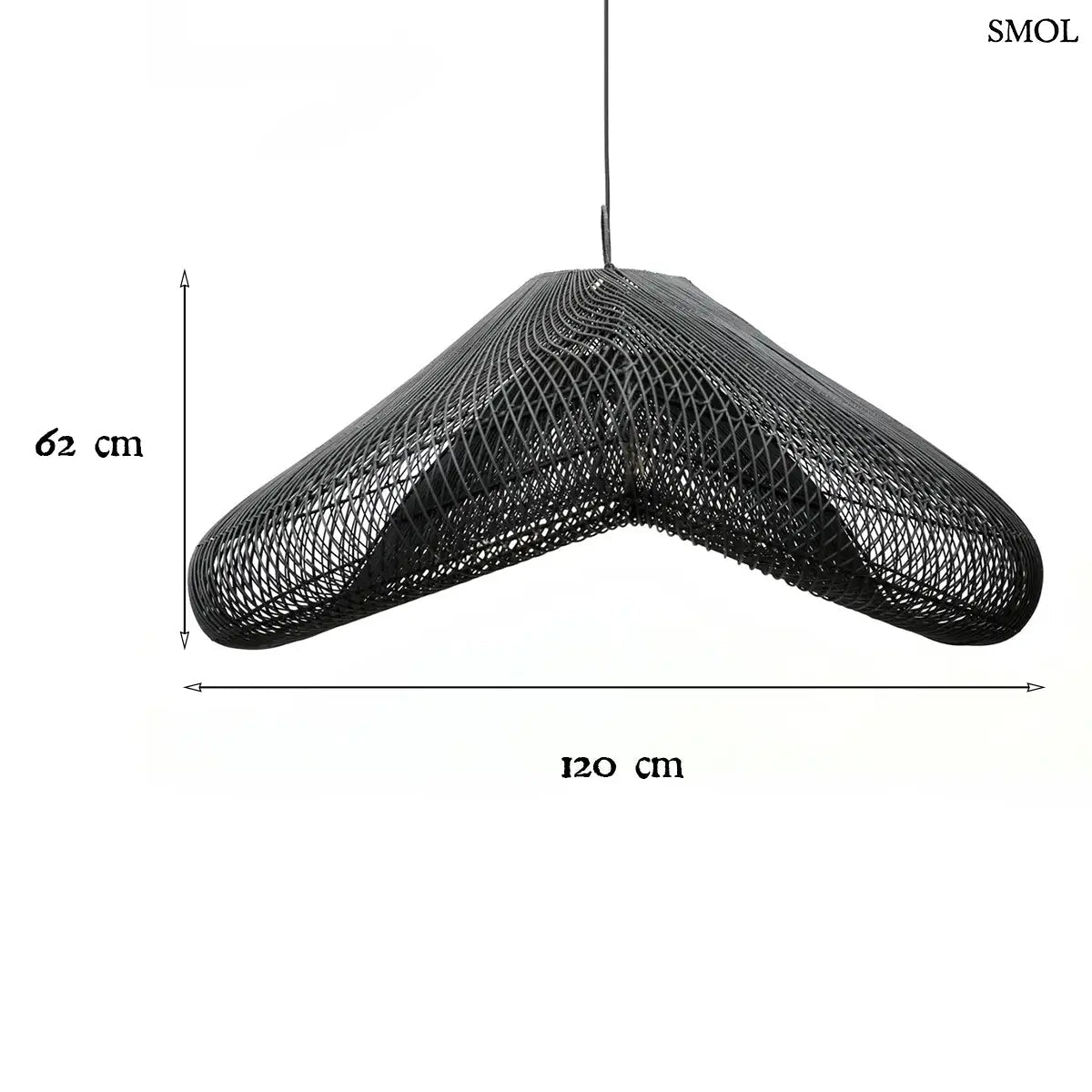 XXL méretű, fekete színű, kézzel szőtt rattan lámpaernyő hullámzó, organikus felhő formával és finom textúrával, méretekkel