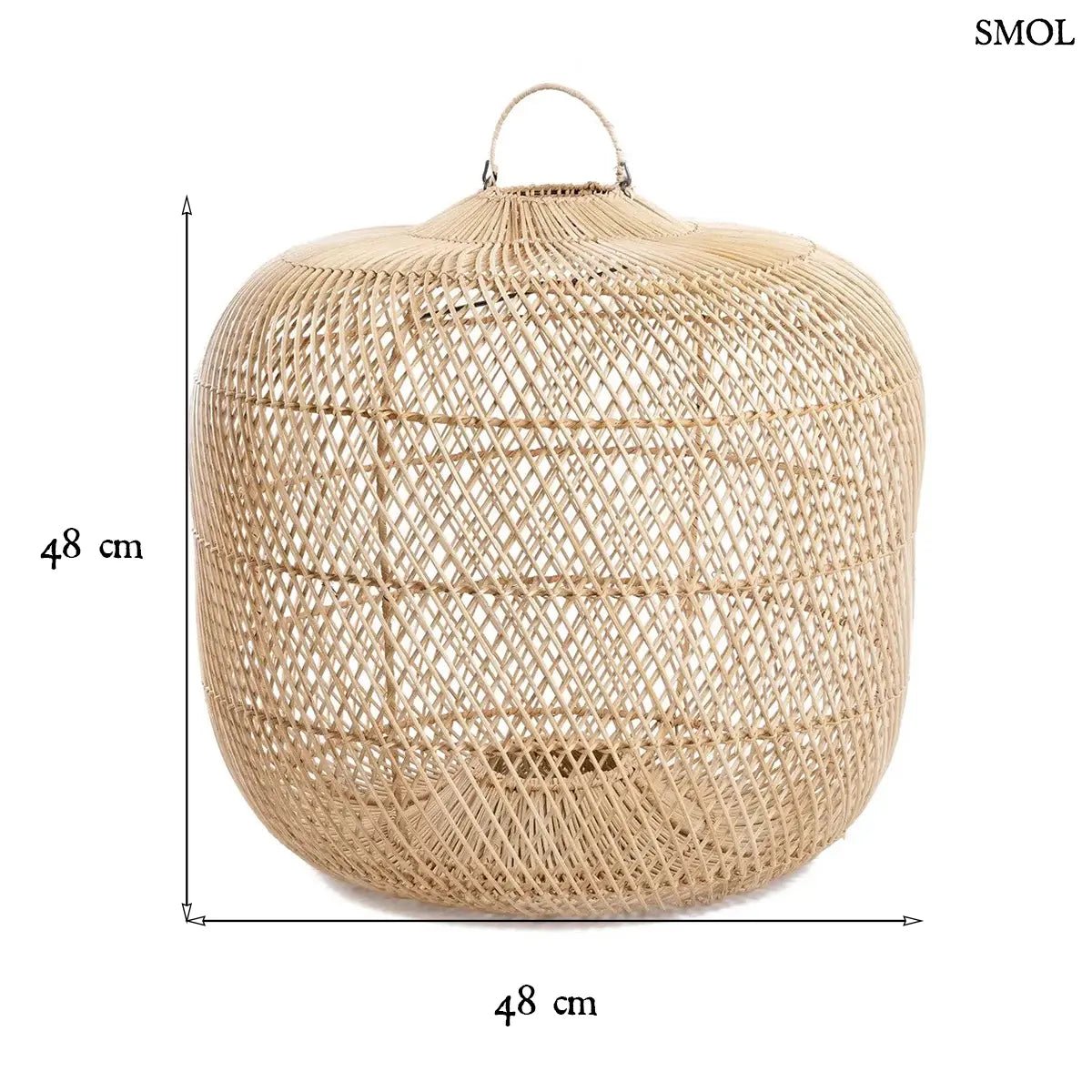 Kézzel szőtt, natúr színű, gömbölyded alakú rattan lámpaernyő, méretekkel