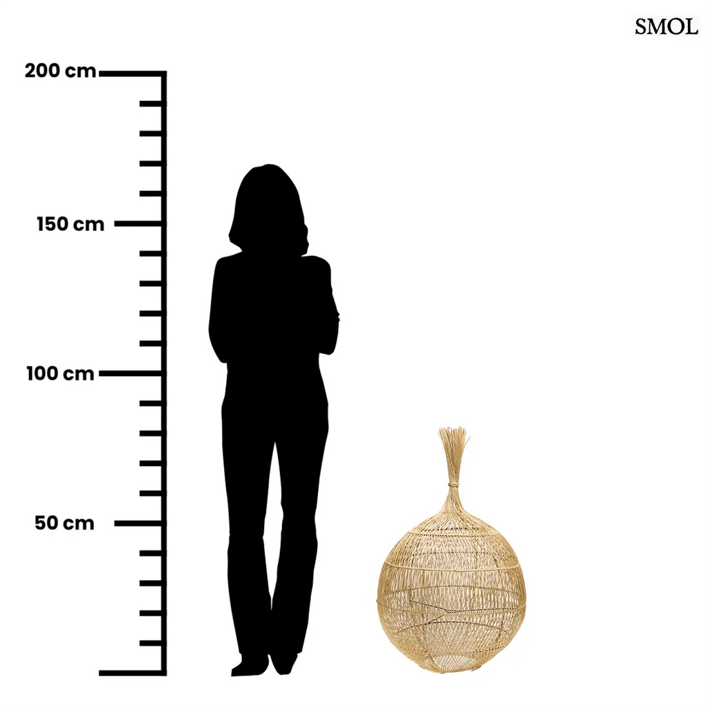 Natúr rattan lámpaernyő, kézzel szőtt hagyma formájú boho dekoráció, méetarányosan állólámpaként