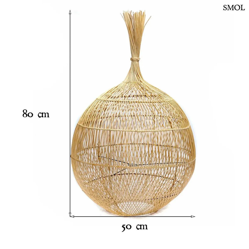 Natúr rattan lámpaernyő, kézzel szőtt hagyma formájú boho dekoráció, méretekkel