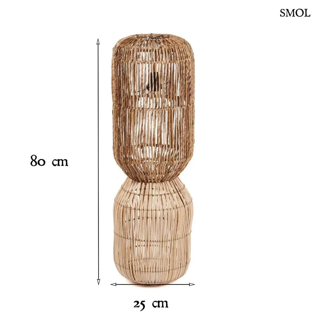 XL méretű, kézzel szőtt natúr rattan lámpaernyő banánlevélből, különleges kapszula formában, méretekkel