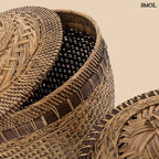 kézzel fonott rattan tárolókosár fedéllel fedél nagyítva