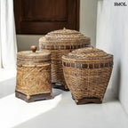 kézzel fonott rattan tárolókosár fedéllel három méretben