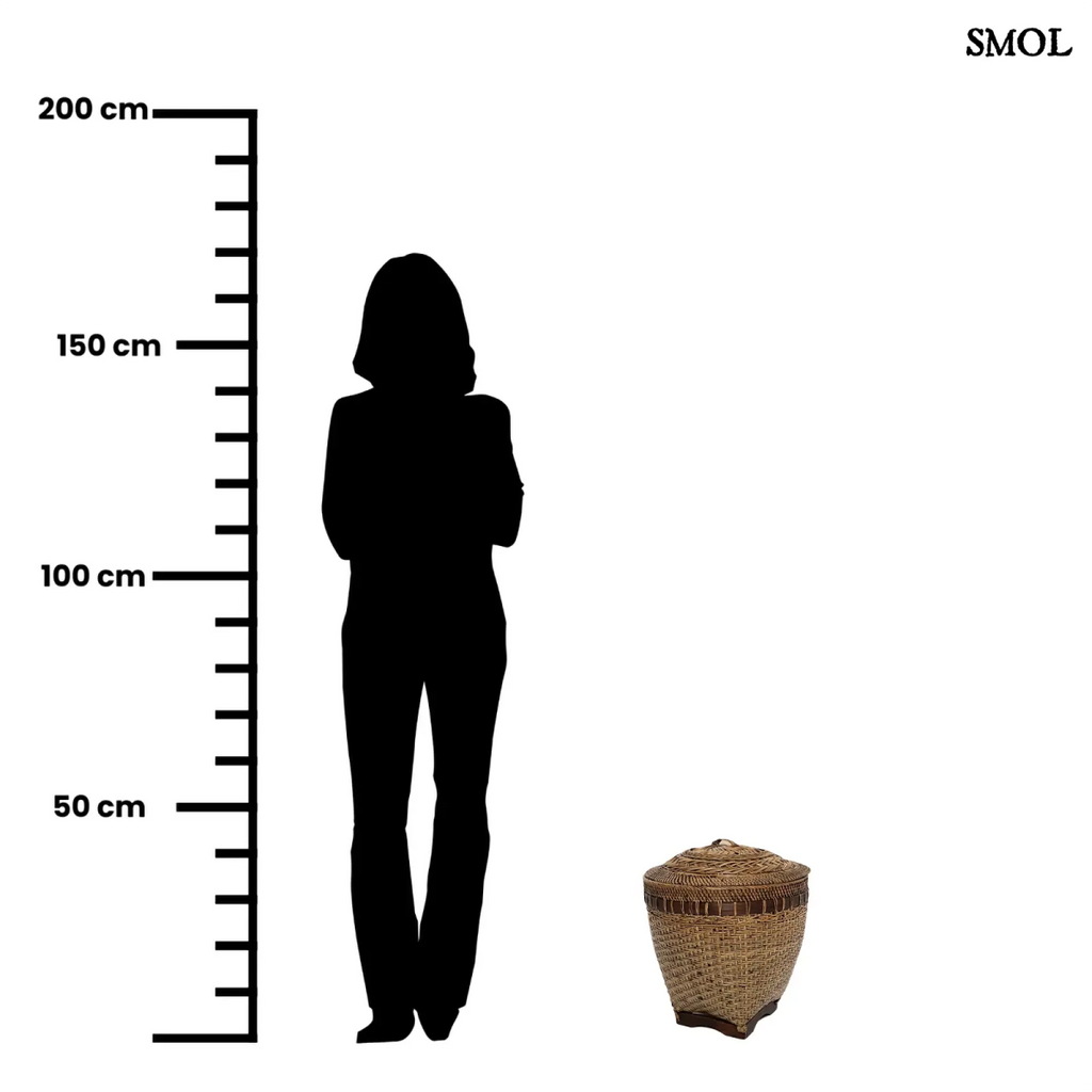 kézzel fonott rattan tárolókosár fedéllel méretarányosan