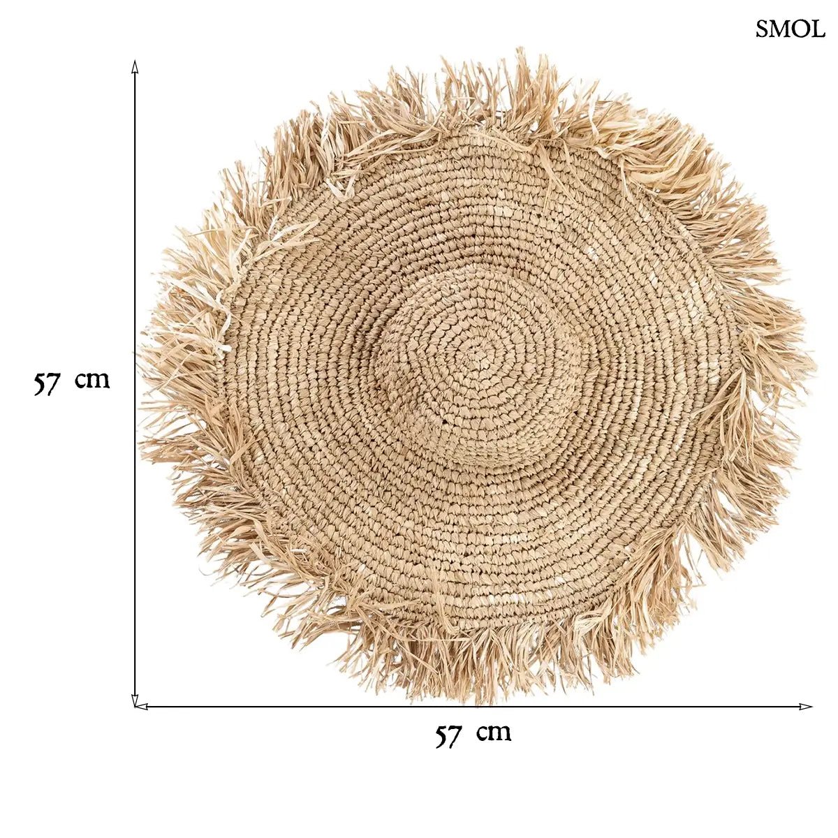 Kézzel szőtt, natúr barna szalmakalap széles, rojtos karimával, méretekkel