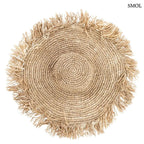 Kézzel szőtt, natúr barna szalmakalap széles, rojtos karimával, felülről