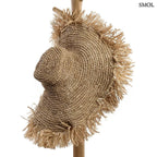 Kézzel szőtt, natúr barna szalmakalap széles, rojtos karimával, rúdon