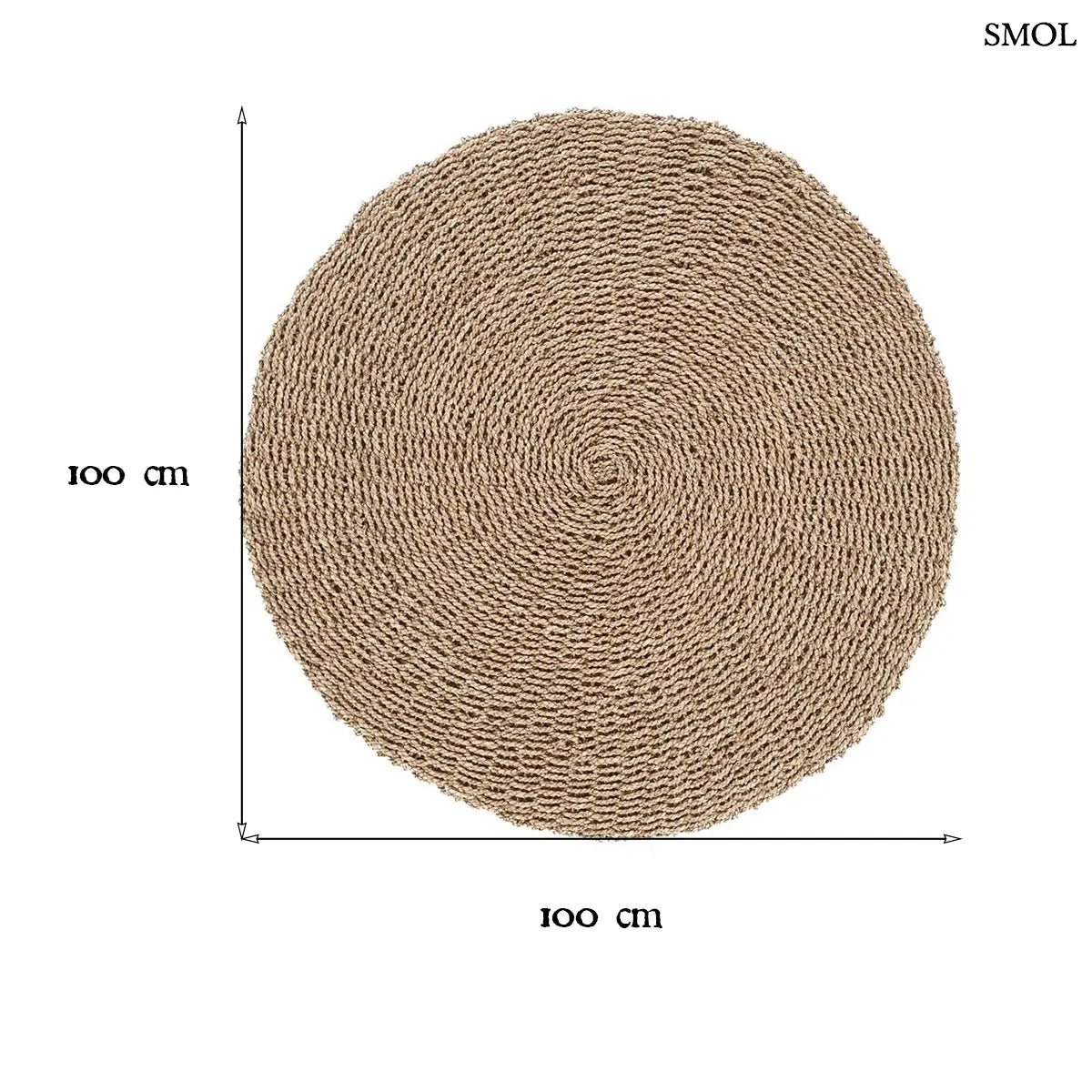 Természetes szizál szőnyeg kerek formában, kézzel font textúrával, homokszínű boho stílusban, méretekkel