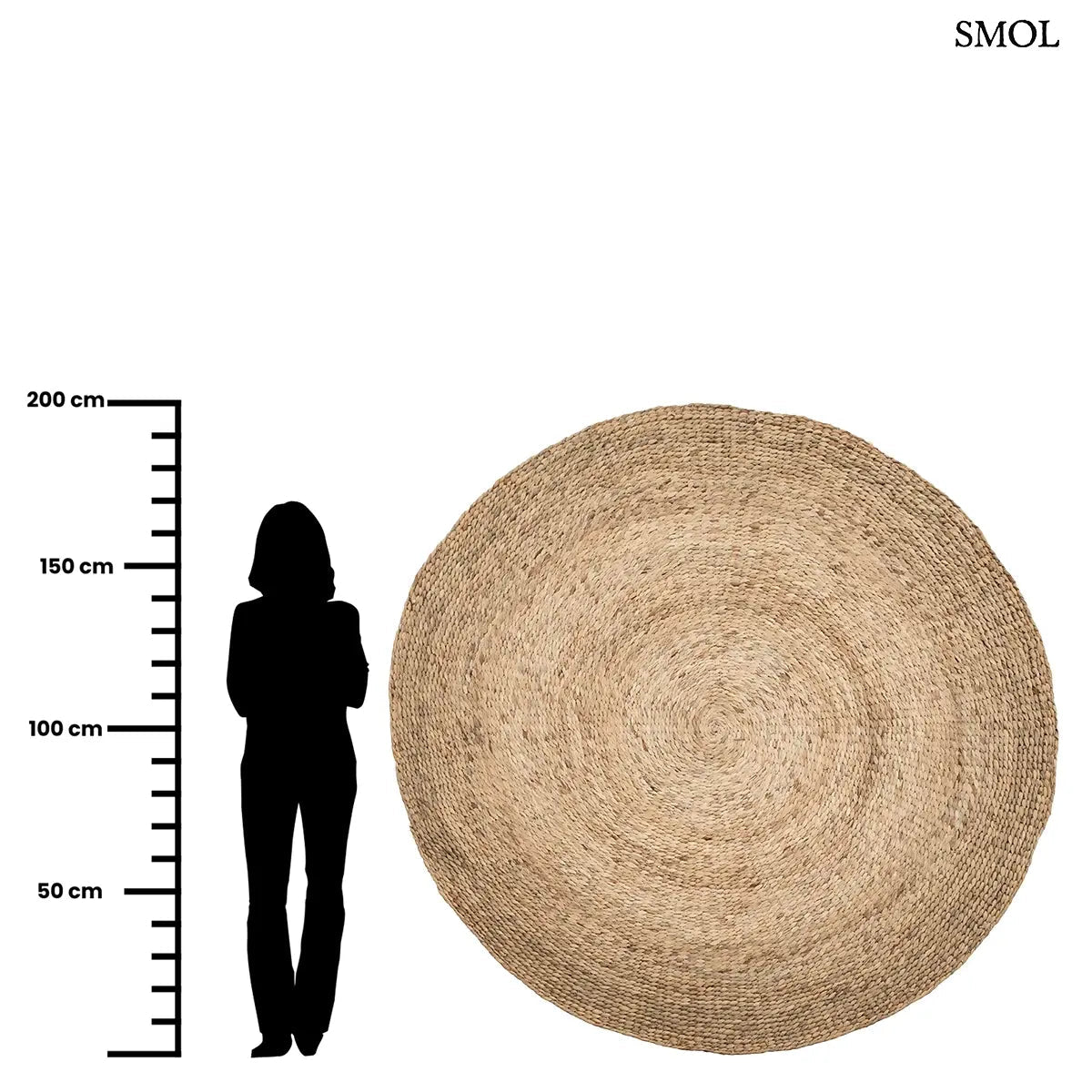 Natúr, kézzel szőtt kör alakú vízijácint szőnyeg 200 cm-es méretben, méretarányosan