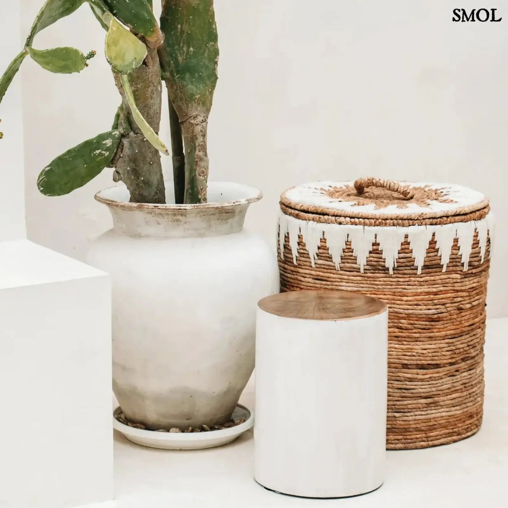 Tárolókosár Banana, banánlevél, M méret, natúr-fehér, fedeles kisasztallal