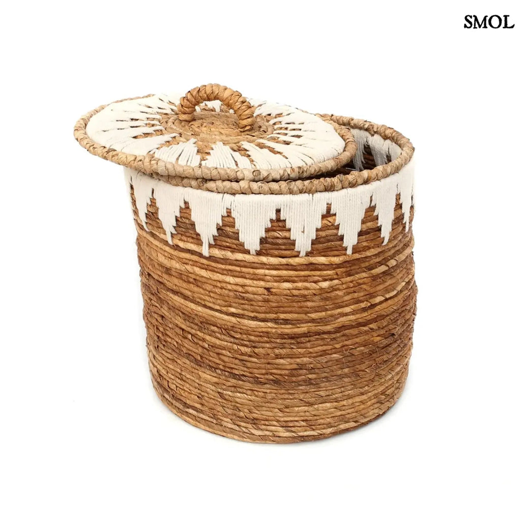 Tárolókosár Banana, banánlevél, M méret, natúr-fehér, fedeles fedél elcsúsztatva