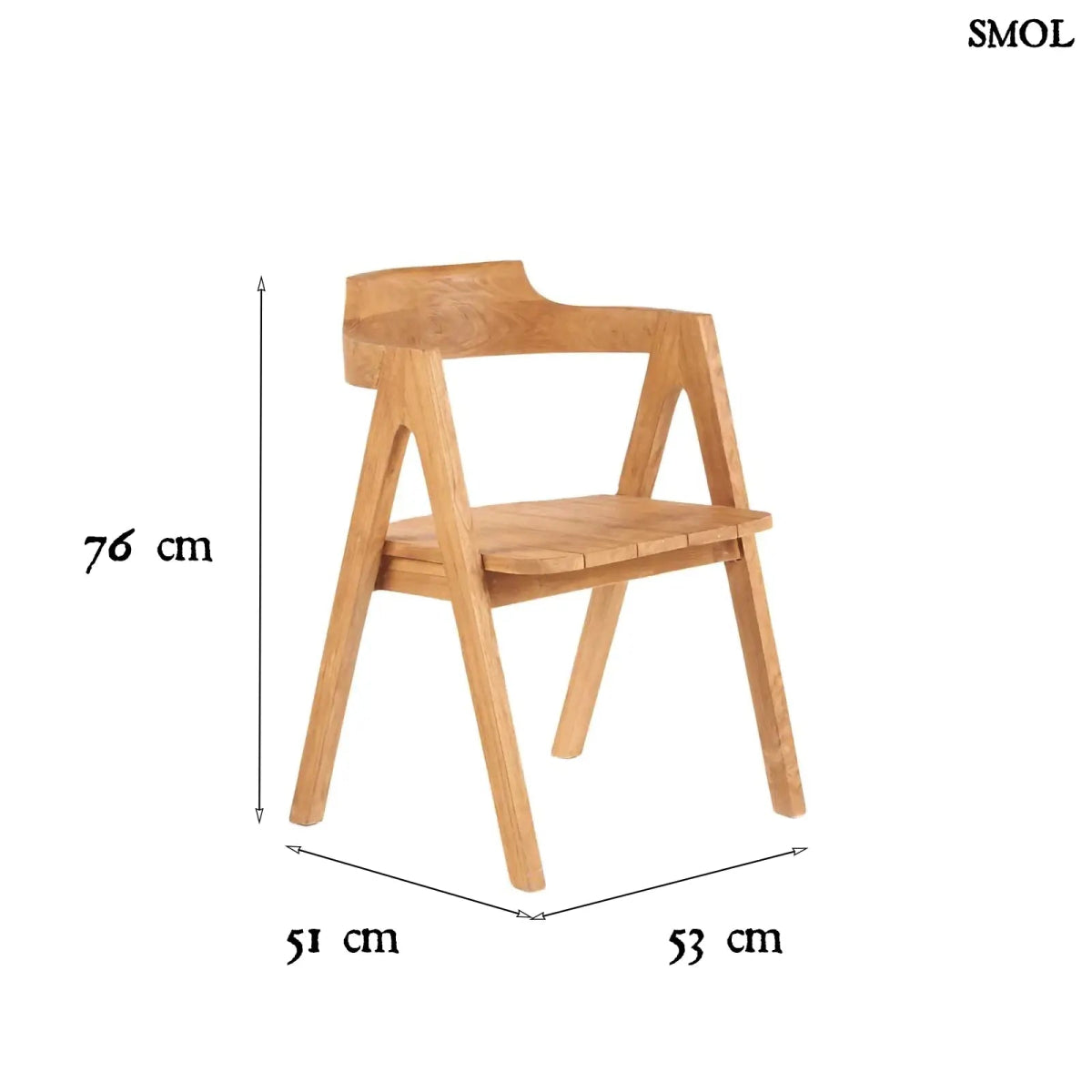 Teakfa étkezőszék természetes fa színben, ívelt háttámlával méretekkel