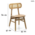 Teakfa étkezőszék világos rattan háttámlával és tömörfa üléssel, természetes színben, méretekkel