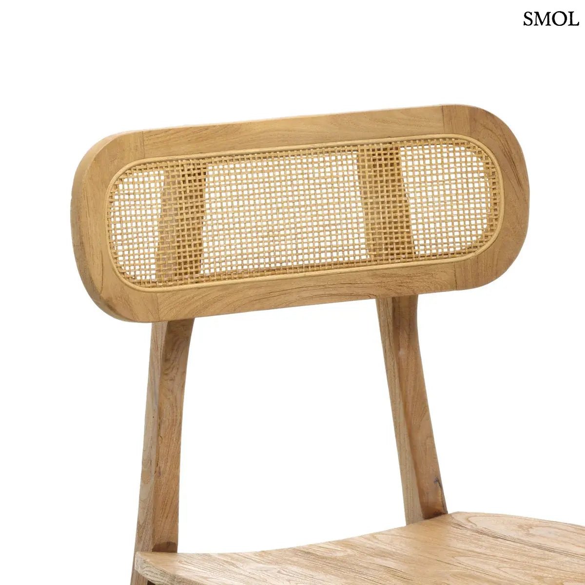 Teakfa étkezőszék világos rattan háttámlával és tömörfa üléssel, természetes színben, támla nagyítva