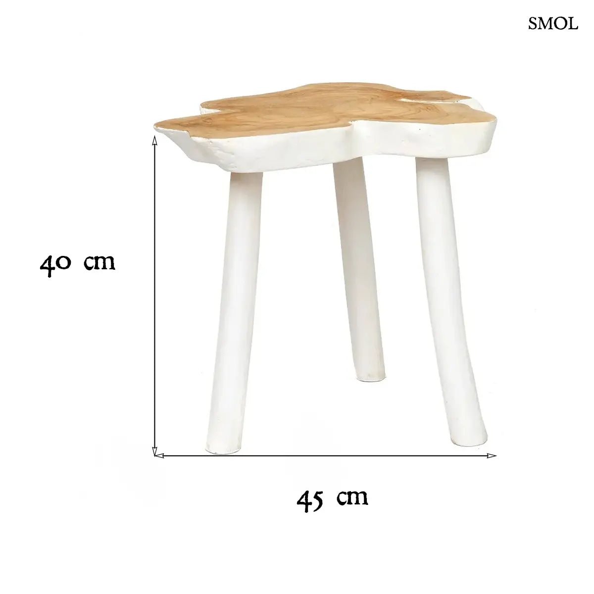 Háromlábú organikus teakfa lerakóasztal natúr fa tetővel és fehér lábakkal, bohém stílusban, méretekkel