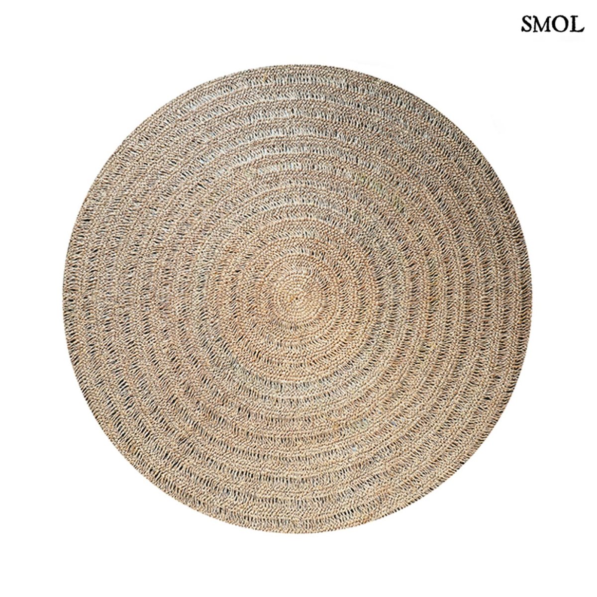 Kézzel készült kerek tengerifű szőnyeg (100 cm), natúr szövés, fehér háttérrel