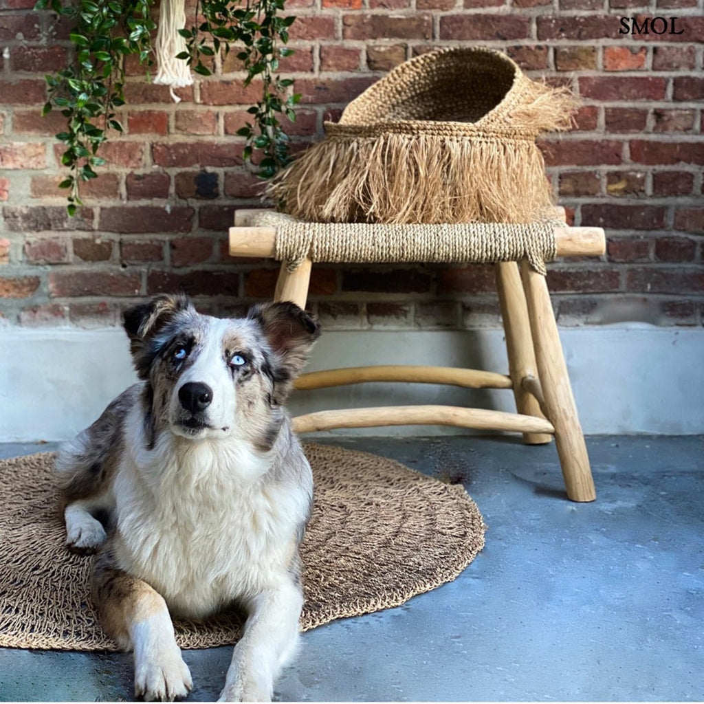 Kézzel készült kerek tengerifű szőnyeg (100 cm), natúr szövés, kutyával