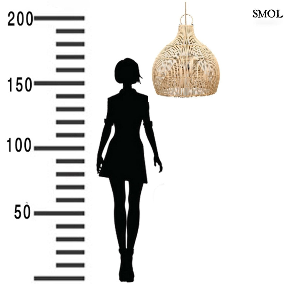 55 cm átmérőjű kézzel fonott rattan függőlámpaernyő természetes színben méretarányosan