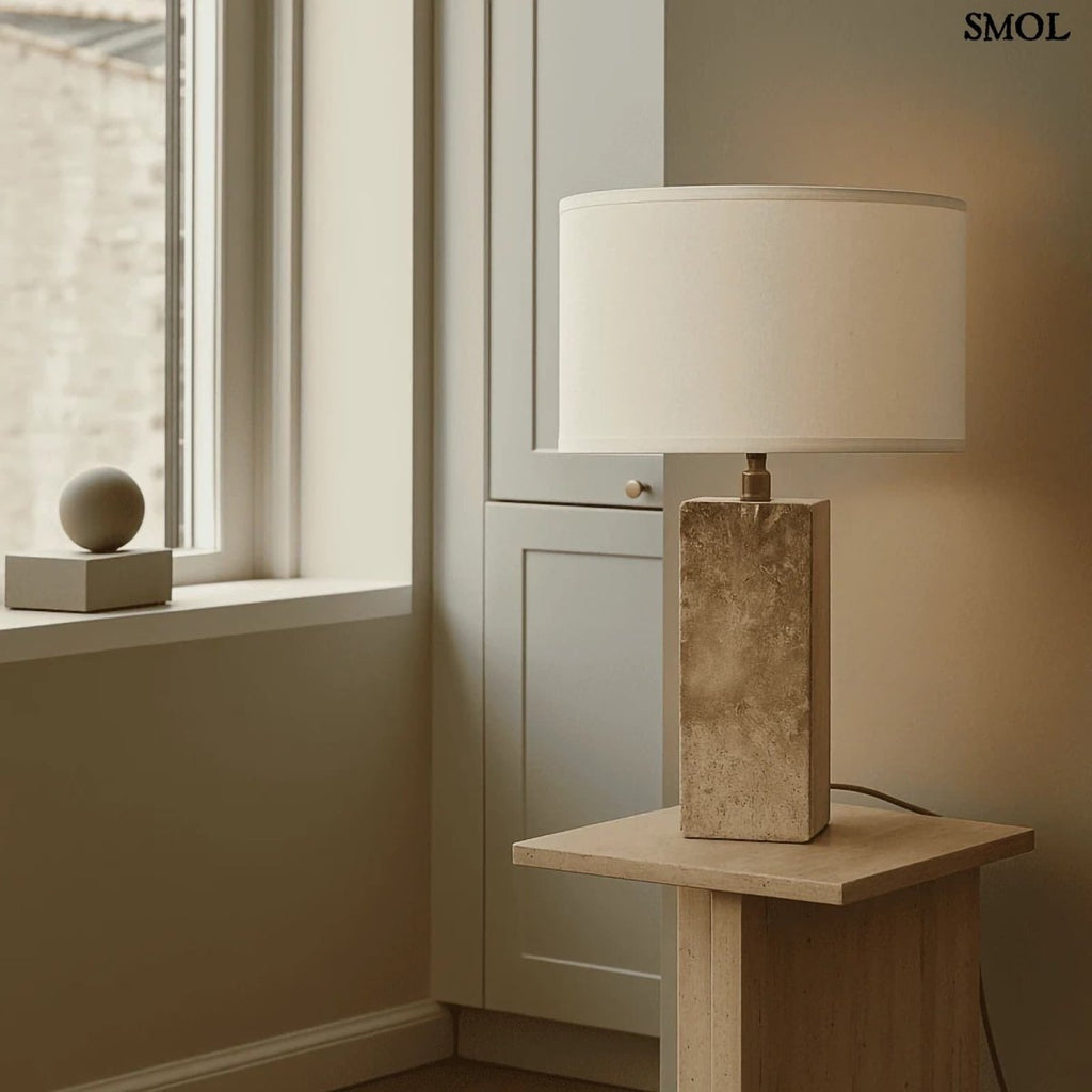 Travertin Asztali Lámpa Pamut Lámpaernyővel | ROSIE - SMOL