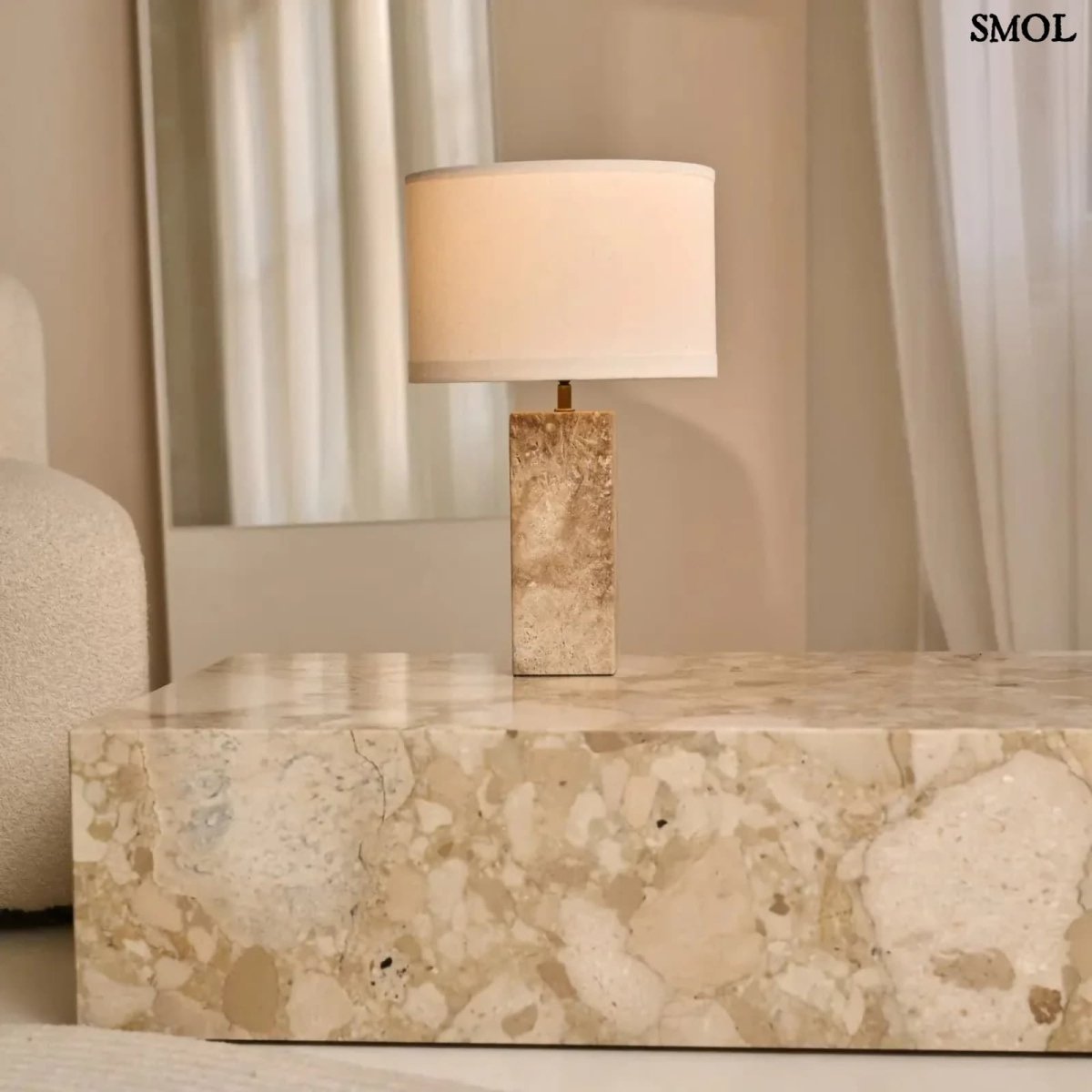 Travertin Asztali Lámpa Pamut Lámpaernyővel | ROSIE - SMOL