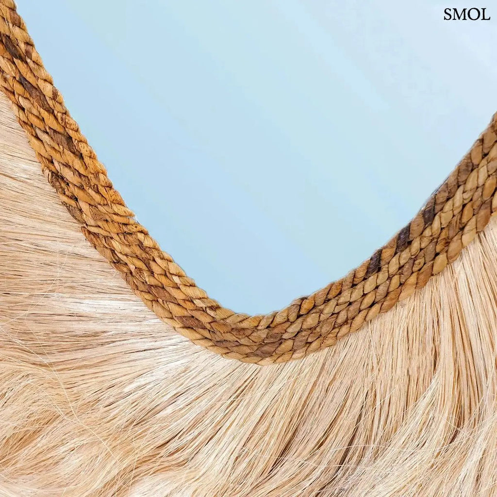 Kézzel készült abaca keretes tükör, természetes stílus, melegséget és fényt adó dekoráció beltéri használatra, alsó rész szemből nagyítva