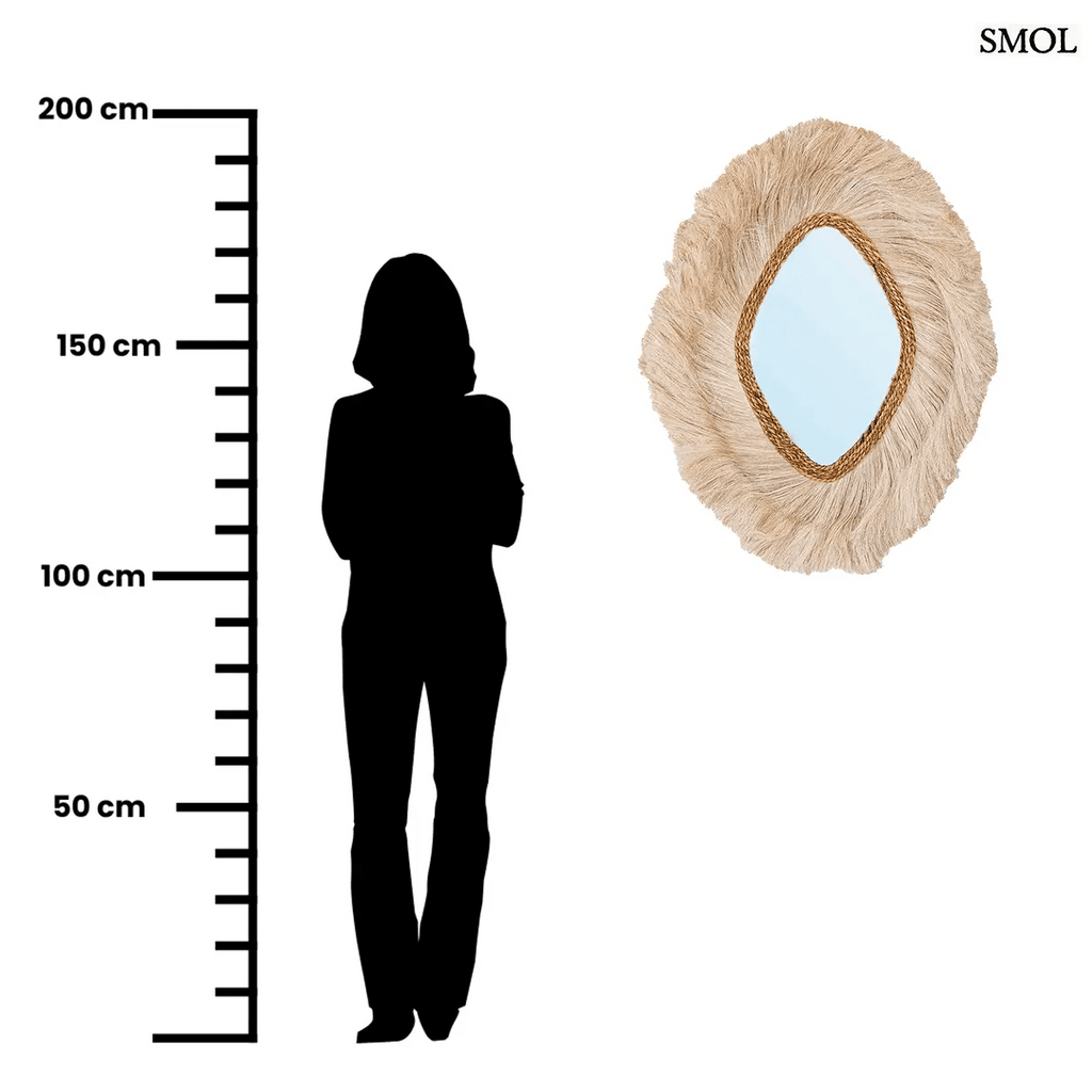 Kézzel készült abaca keretes tükör, természetes stílus, melegséget és fényt adó dekoráció beltéri használatra, méretarányosan