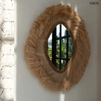 Kézzel készült abaca keretes tükör, természetes stílus, melegséget és fényt adó dekoráció beltéri használatra, falon