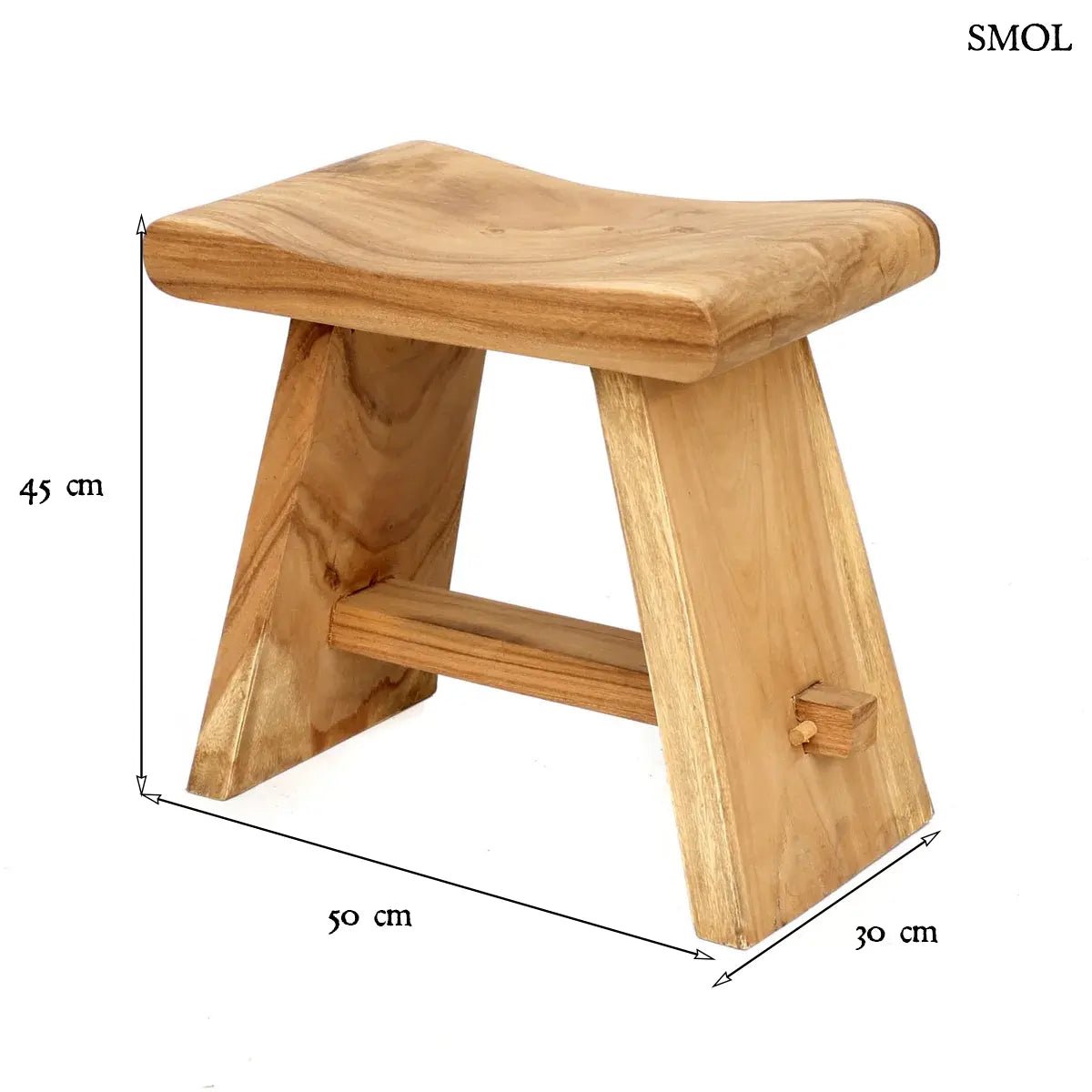 Ívelt ülőfelületű, tömör suar fából készült ülőke japán stílusban, méretekkel