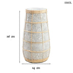 Beton hatású terrakotta váza természetes rattan fonattal, méretekkel